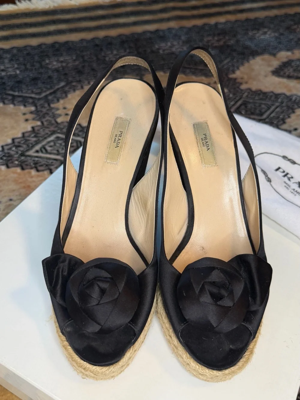 Prada Black Satin Slingback Espadrille Wedges with Rosette